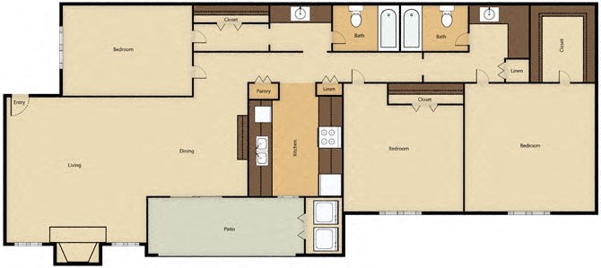 Floor plan for 3 beds, 2 baths, 1200 sqft